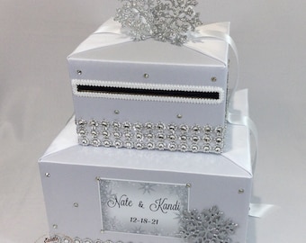 White and Silver Winter Wonderland theme Card Box, Card Holder, Wishing Well with Silver Snowflakes and Rhinestones for any occasion