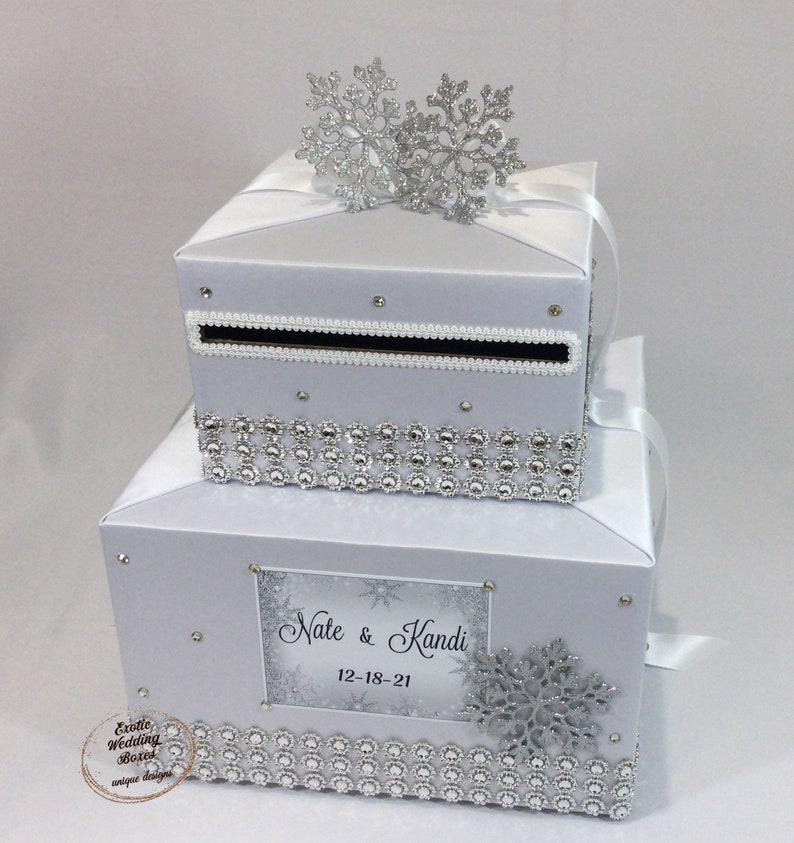 White and Silver Winter Wonderland theme Card Box Card Holder Wishing Well with Silver Snowflakes and Rhinestones for any