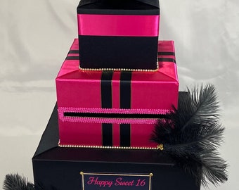 FUCHSIA and BLACK Gift Card Box for Weddings, Sweet Sixteens, Quinceanera