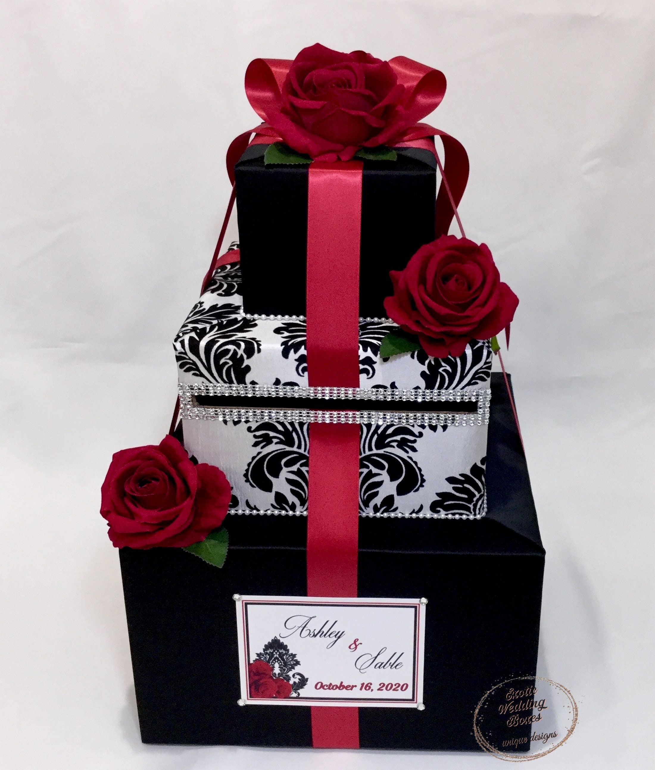 Black and White Damask Wedding Card Box, Card Holder With Red Roses ...