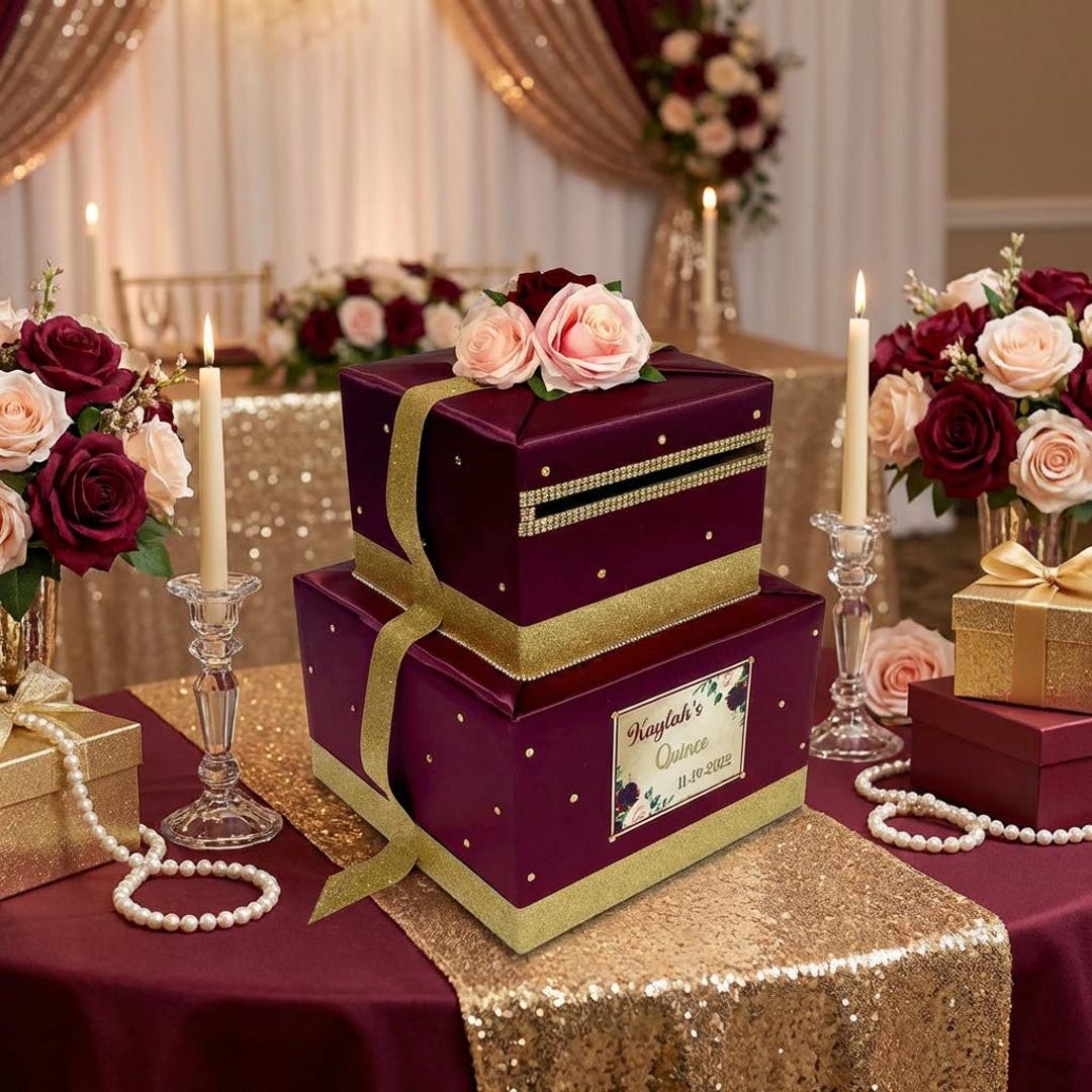 Burgundy & Gold Card Box – Elegant Wedding Keepsake With Silk Roses - Etsy