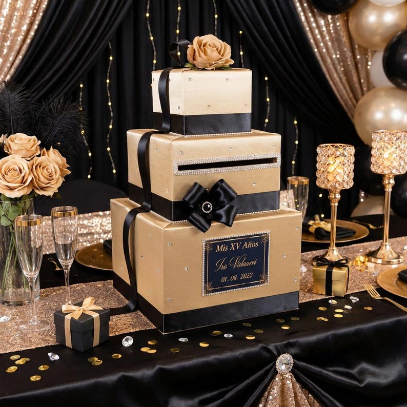 Champagne and Black Wedding Card Box-rhinestone Accents - Etsy