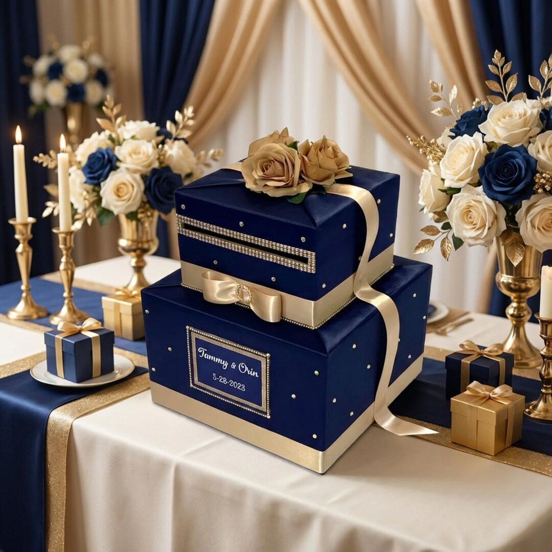 Navy Blue & Champagne Gold Card Box | Personalized Wedding Card Holder ...