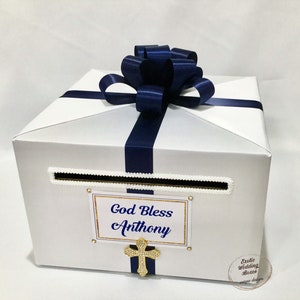 White and Navy Blue Card Box with Gold Cross for Religious Events: Baptism, Christening, Holy Communion
