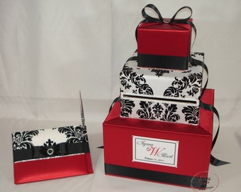 Red with Black and White Damask Card Box and matching Guest Book