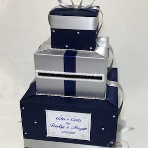 Marineblau und Silber Card Box, Hochzeit Card Box mit Strasssteinen, Kristallen