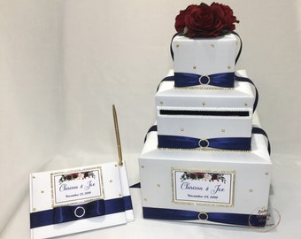 White and Navy Blue Wedding Card Box , Burgundy, Maroon Roses, Gold Rhinestones