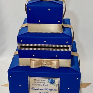 Royal Blue & Champagne Gold Wedding Card Box, Elegant Gift Card Holder ...