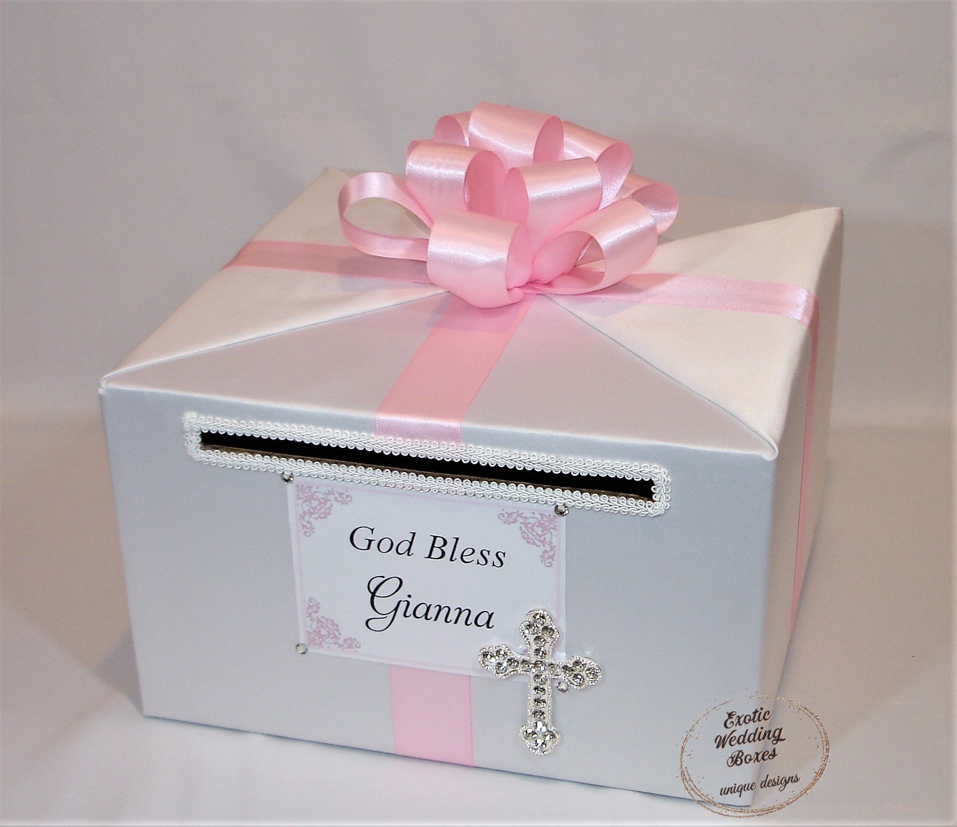 White and Light Pink Card Box for BaptismChristening Holy First Communion