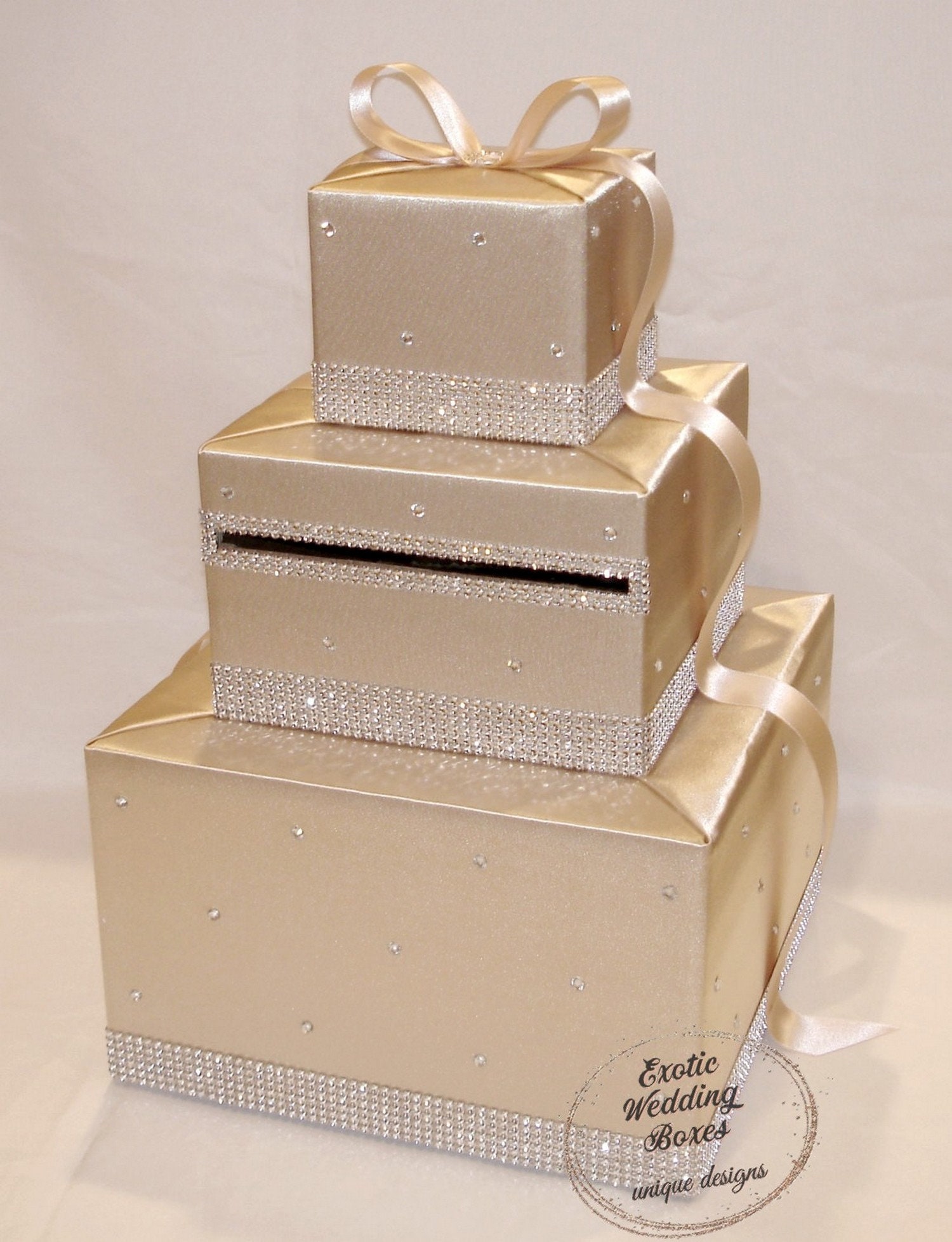 Elegant Custom made Ivory/Champagne Wedding Card Box- Gold Rhinestones