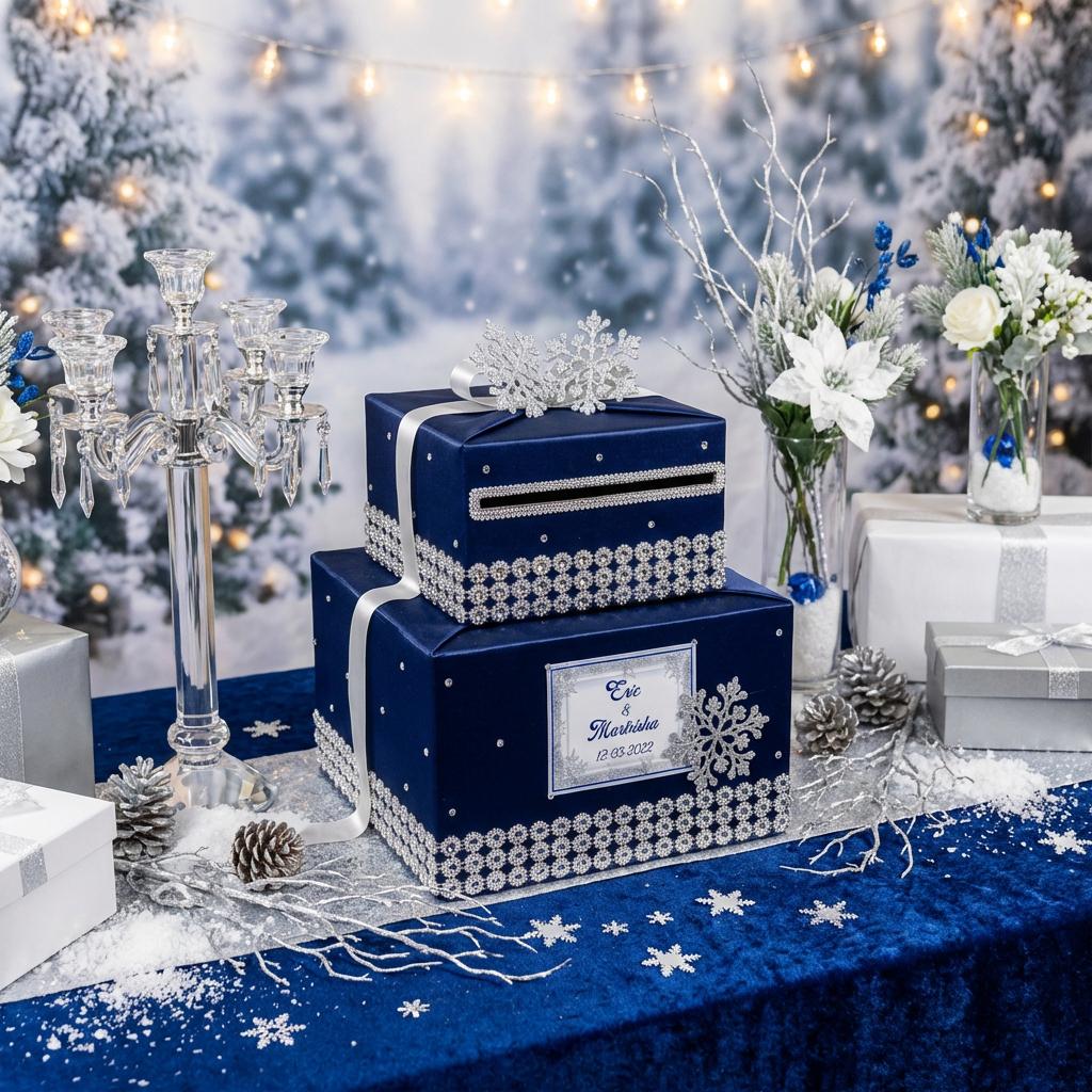 Navy Blue and Silver Winter Wedding Card Box With Snowflakes | Guest ...