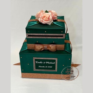 Emerald Green and Rose Gold Card Box for Sweet 16, Quinceanera, Wedding, Birthday Party