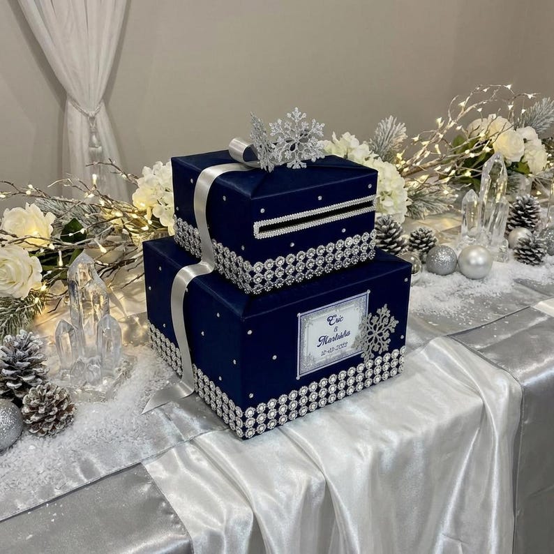 Navy Blue and Silver Winter Wedding Card Box With Snowflakes | Guest ...