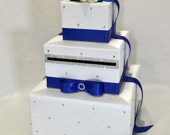 White and Royal Blue Wedding Card Box-Card Holder with Silk Flowers and Rhinestones