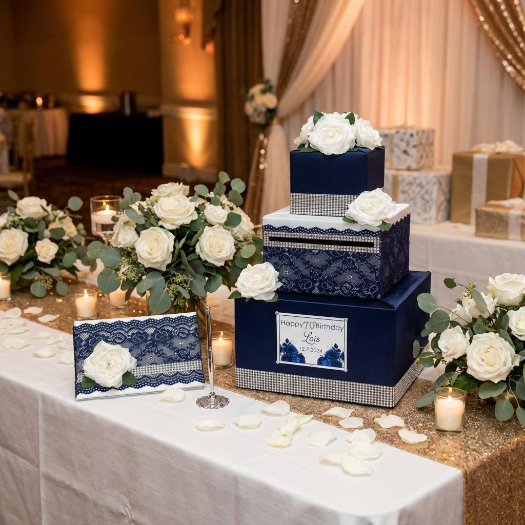 Navy Blue and White Card Box and Guest Book – Elegant Wedding Reception ...
