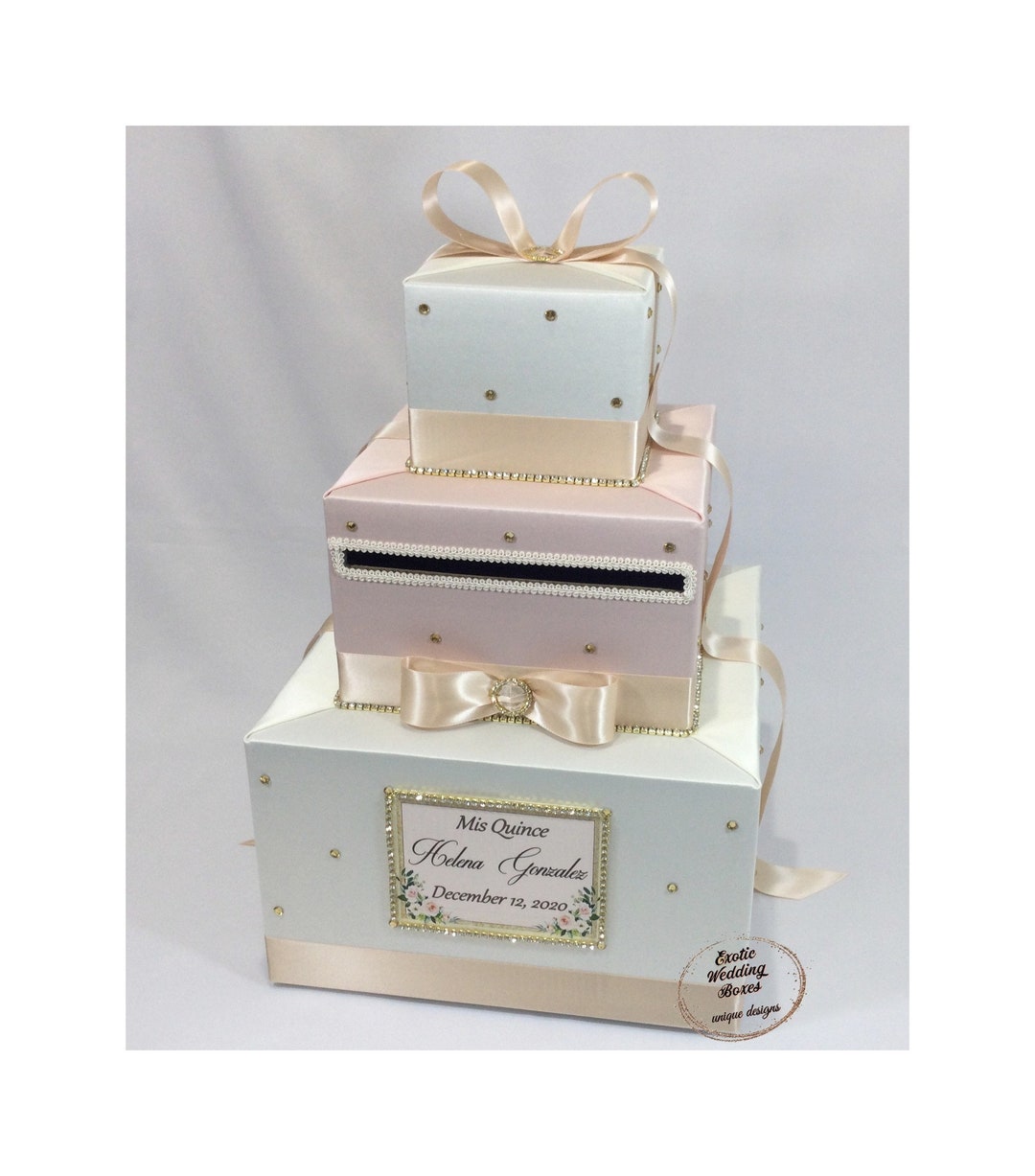 Ivory and Blush Pink Wedding Card Box With Champagne Ribbon and Gold ...