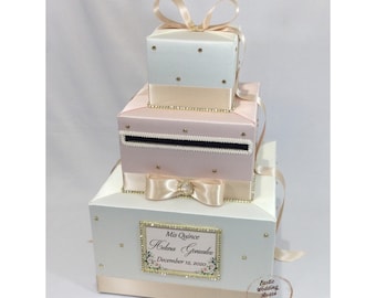 Ivory and Blush Pink Wedding Card Box with Champagne Ribbon and Gold Rhinestones