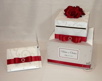 White and Red Wedding Card Box and matching Guest Book with Pen
