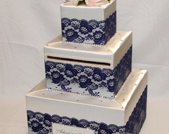 Ivory Wedding Card Box with Navy Blue Lace /Pale Pink Roses-crystal accents