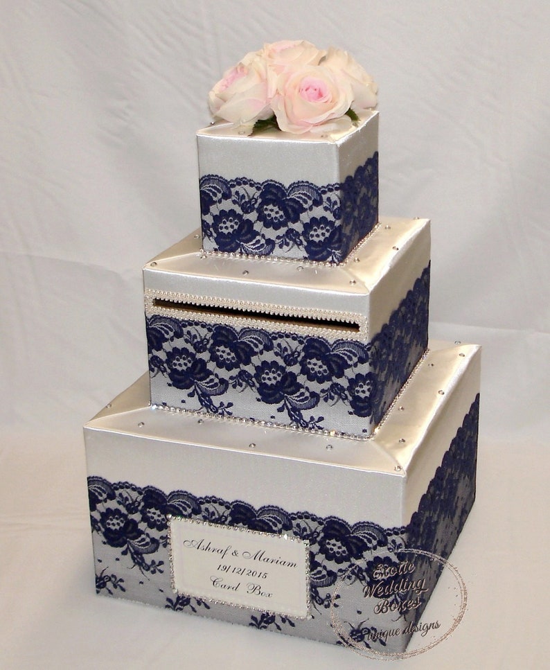 Ivory Wedding Card Box with Navy Blue Lace /Pale Pink Roses-crystal accents image 1