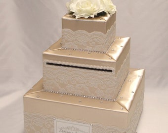 Champagne Wedding Card Box with Ivory Lace,Ivory Roses and Rhinestones