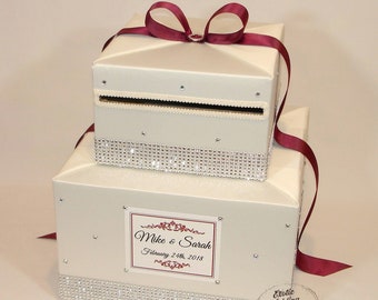 Ivory and Burgundy Wedding Card Box with Rhinestone accents