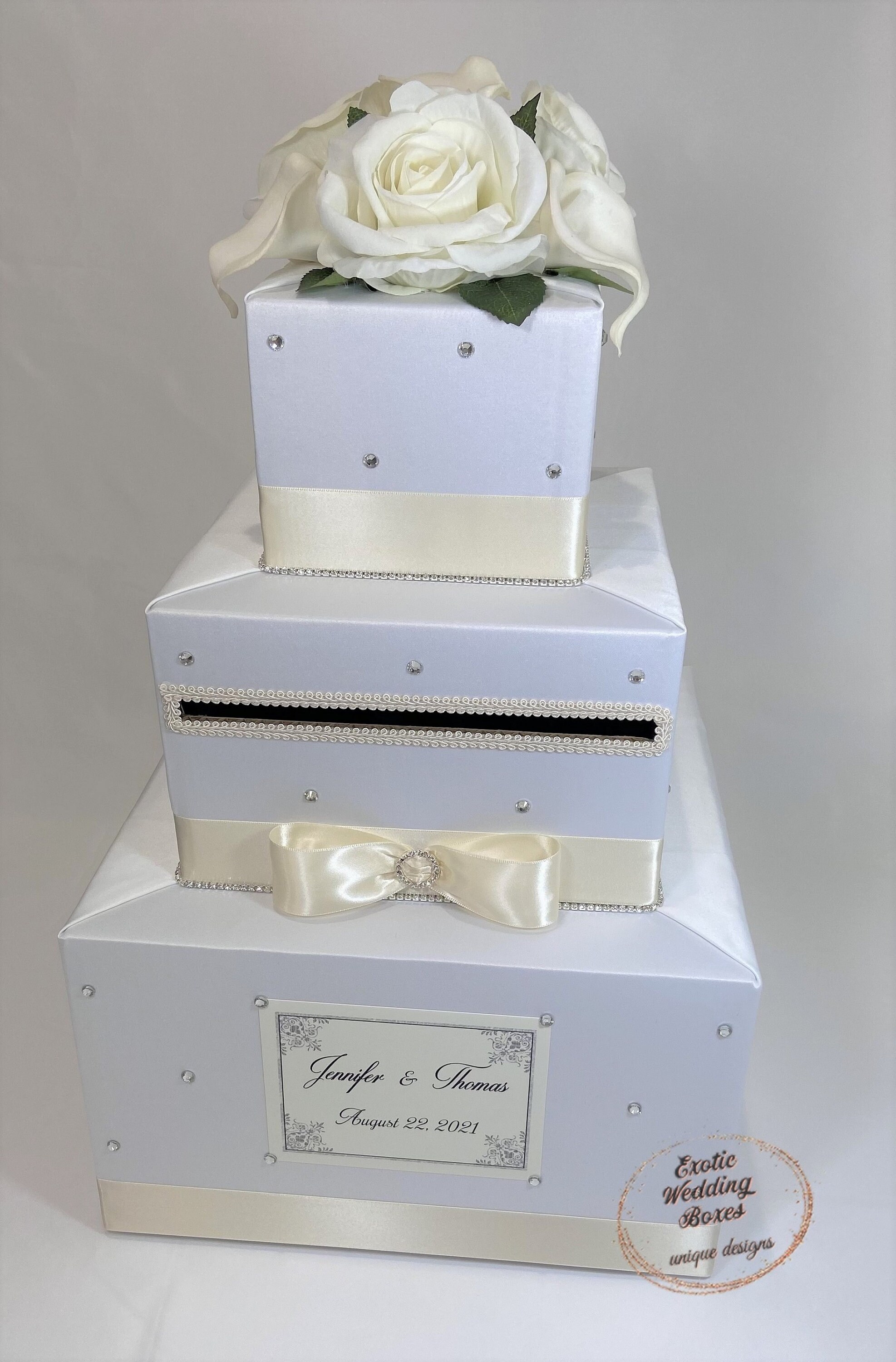 Elegant White Rose Wedding Card Box | Stacked Gift Card Holder - Etsy