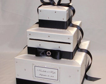 White and Black Wedding Card Box- Rhinestone accents