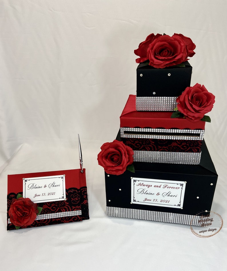 Red and Black Wedding Card Box and Guest Book With Pen, Rhinestone ...