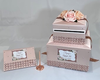 Blush Pink and Rose Gold Card Box and matching Guest Book for Quinceanera, Sweet Sixteen