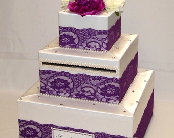 Elegant Custom made Ivory/Plum lace Wedding Card Box-rhinestones-any colors