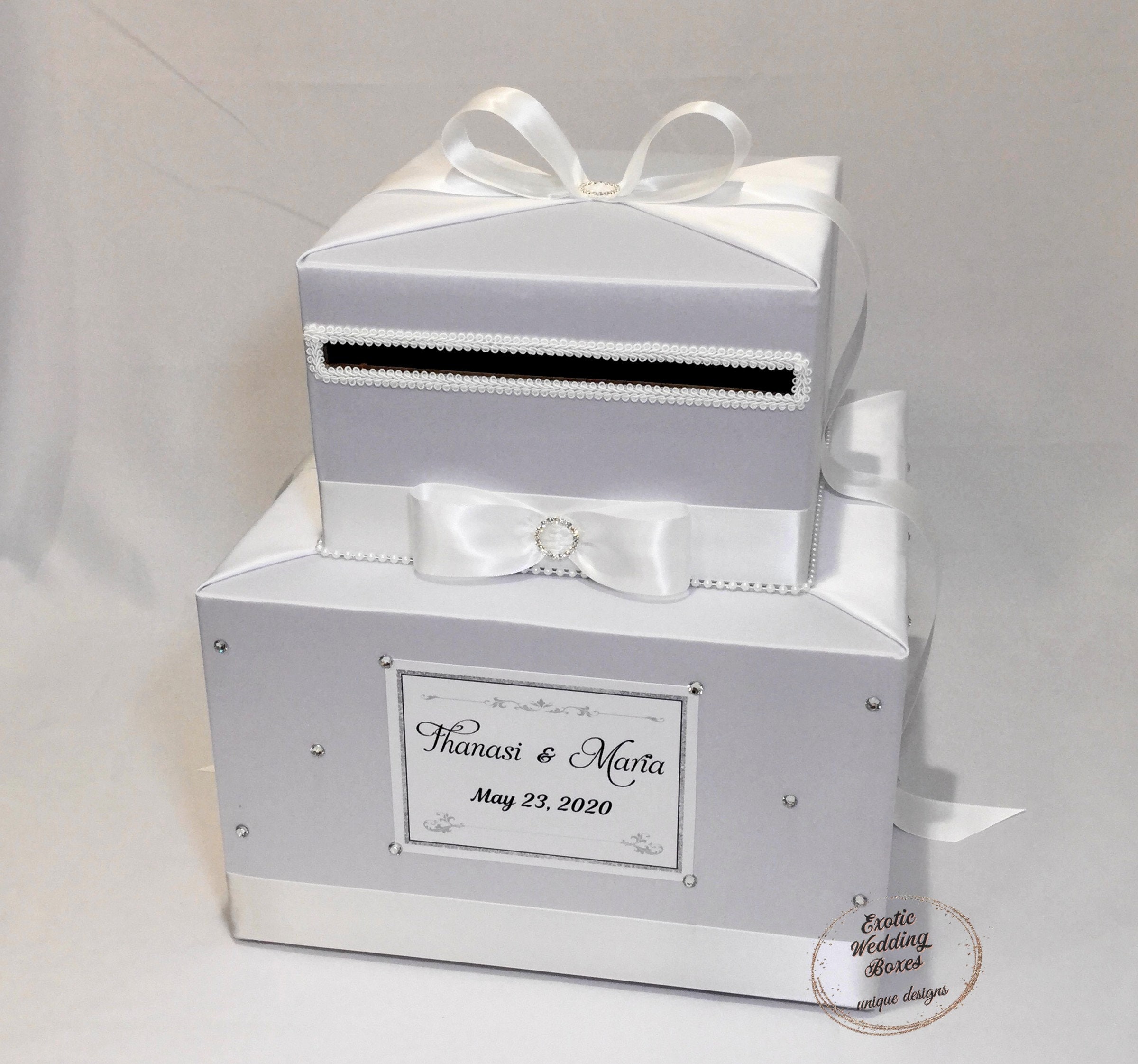 Two tier All White Wedding Card Box with Rhinestones
