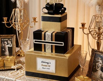 Gold & Black Card Box for Sweet 16, Quinceanera, Bat Mitzvah, Wedding Card Holder