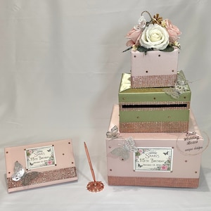 Blush Pink, Sage Green and Rose Gold Butterfly themed Card Box and Guest Book with Pen