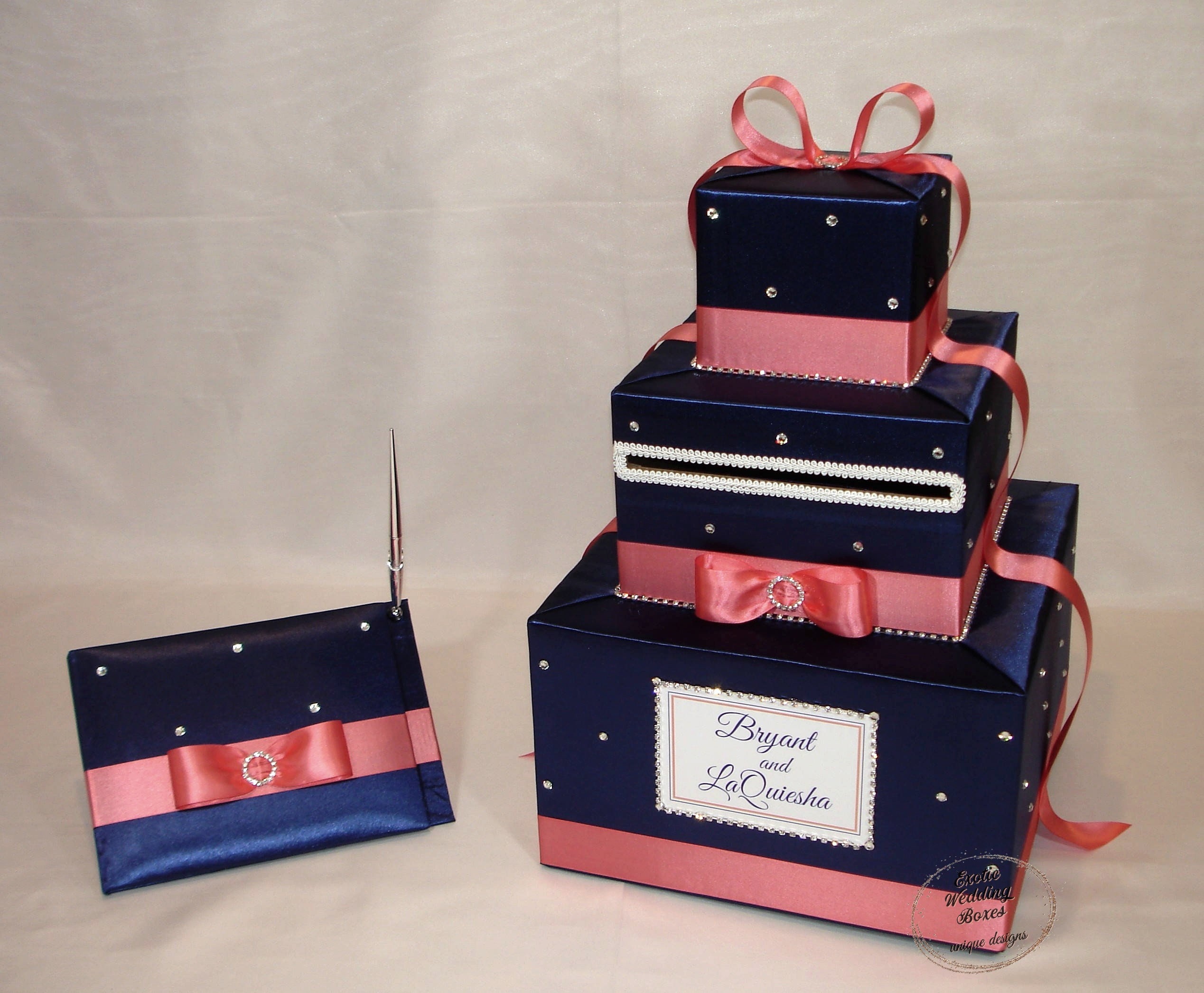 Navy Blue and Coral Reef Card Box and matching Guest BookPenRhinestone accents