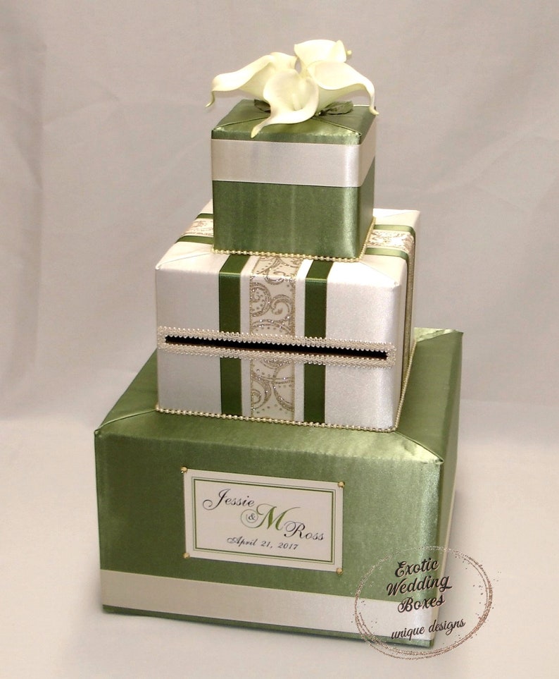 Olive Green Sage and Ivory Wedding Card Box-Gold accents-Calla Lilies-any color image 1