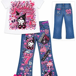 May include: A white short-sleeve t-shirt featuring a pink graphic with the text Kinsley Turns 7 and a Kuromi character. Blue denim flare jeans feature pink and black graphics of Kuromi, cupcakes, bows, and the number 7. A separate view shows the back of the jeans.