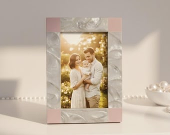 Marco de fotos de resina hecho a mano / Marco decorativo rosa y blanco / Decoración moderna para el hogar