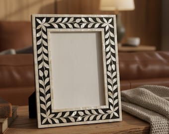 Marco de fotos con incrustaciones de nácar / Marco de fotos de resina en blanco y negro / Decoración de lujo para el hogar