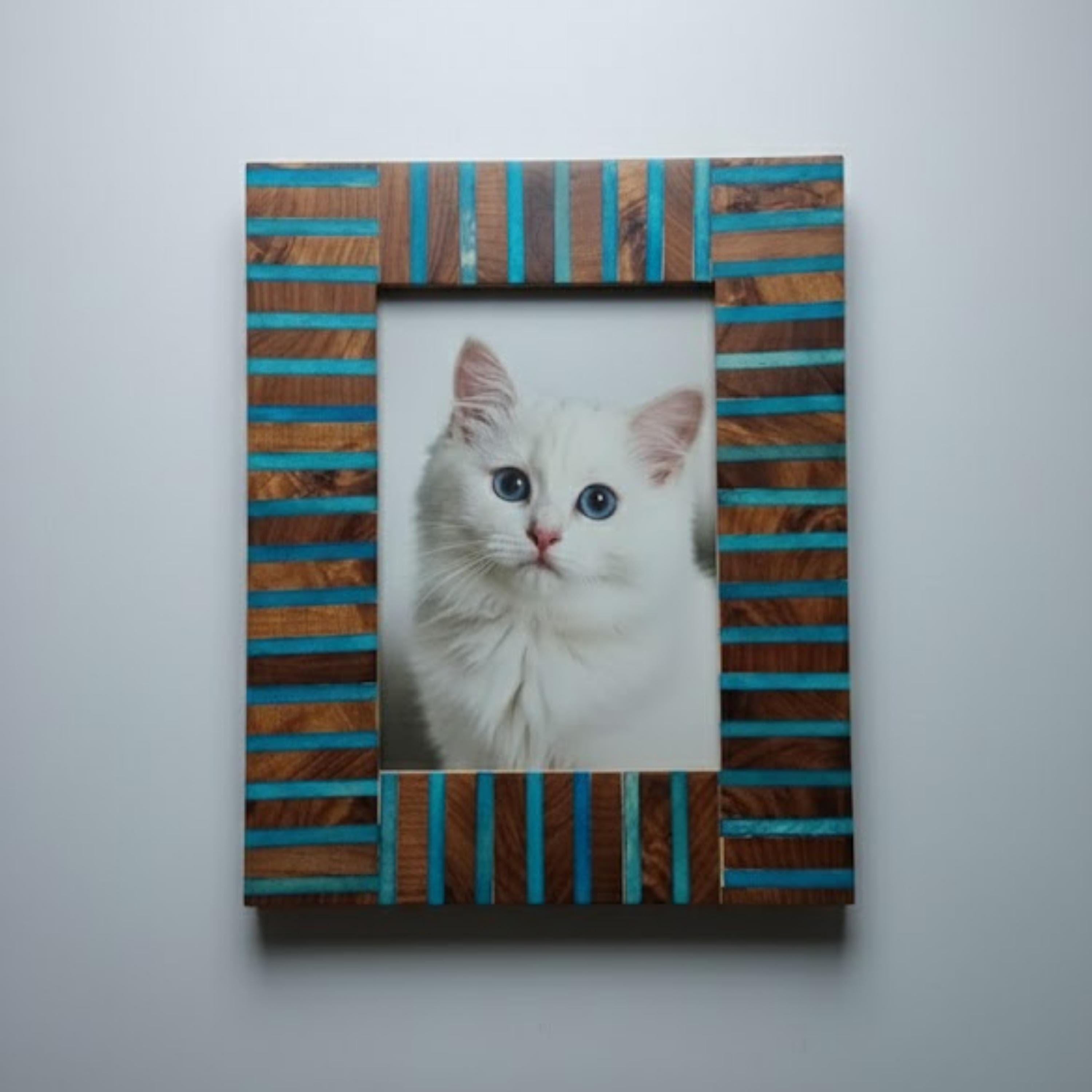 Timber Inlay Photo Frame Handmade Wooden Inlay & Resin Photo Frame – Modern Blue Accent Picture ...