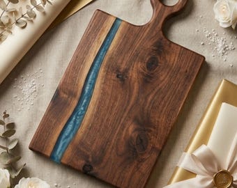 Tabla de madera de acacia con resina de río / Tabla de cortar y servir hecha a mano