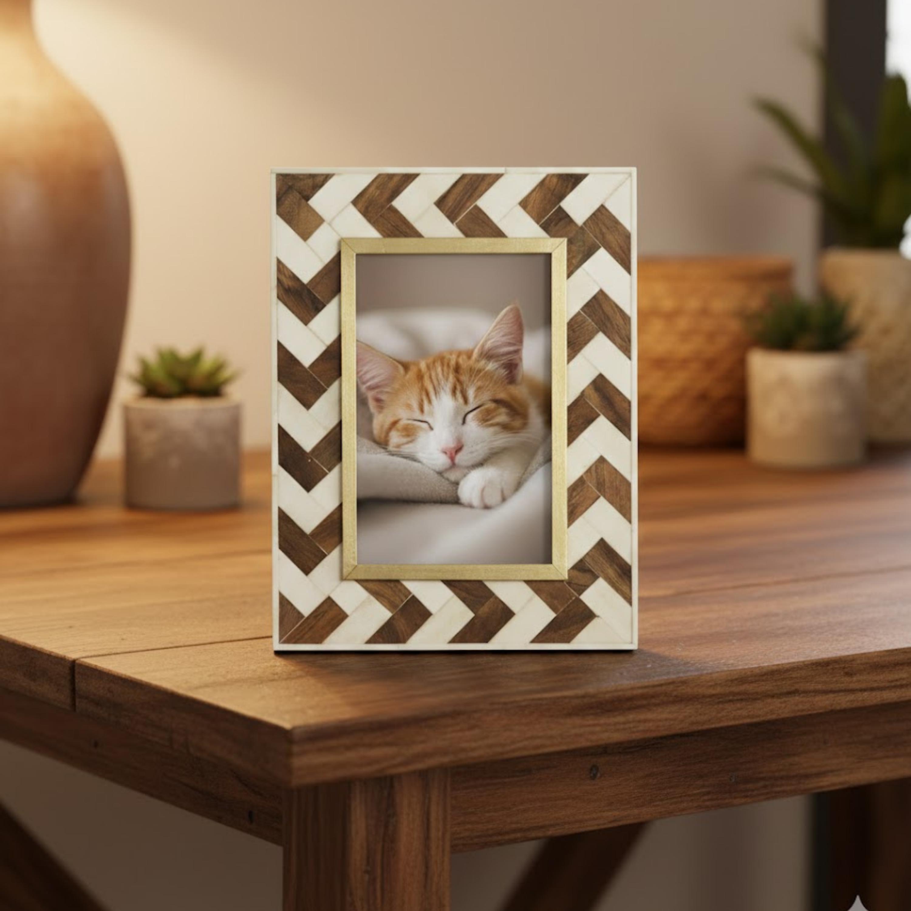Handmade Wooden & Bone Inlay Photo Frame | Chevron Pattern Decor ...