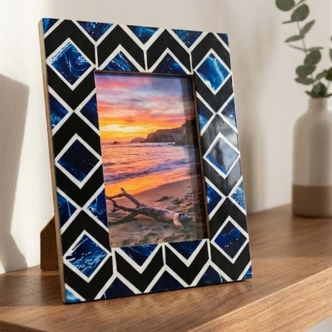 Handmade Resin Inlay Photo Frame | Geometric Blue Pattern Picture Frame ...