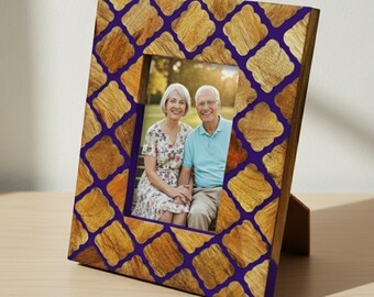 Cadre photo décoratif fait main en résine et incrustation de bois - Cadre photo de luxe artisanal pour le salon