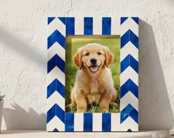 Marco de fotos con incrustaciones de hueso y resina / Marco de fotos con diseño de chevron azul / Decoración para el hogar hecha a mano
