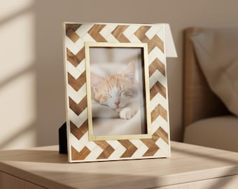 Handmade Wooden & Bone Inlay Photo Frame | Chevron Pattern Decor | Wooden Handmade Home Decor