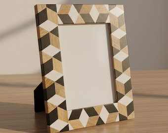 Marco de fotos de madera y resina / Marco de fotos con patrón geométrico / Decoración del hogar hecha a mano