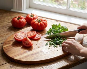 Tabla de cortar ovalada de madera de acacia con anilla para colgar / Tabla de cortar de madera hecha a mano
