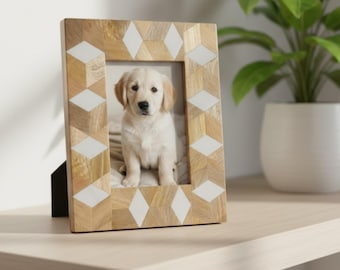 Marco de fotos con incrustaciones de madera y hueso / Marco geométrico hecho a mano / Decoración natural para el hogar
