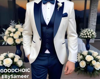 White & Navy Blue Tuxedo for Men | Custom Tailored 3 Piece Wedding Suit